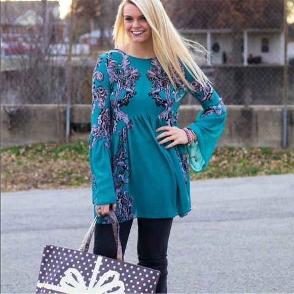 Intimately Free People Symphony Jade Printed Bell Sleeve Slip Dress Sz M - Picture 2 of 9